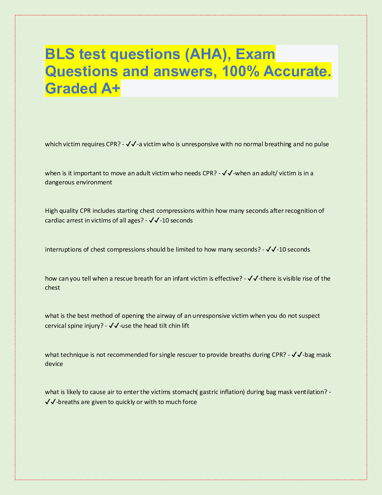 Preview image for BLS test questions and answers (AHA)